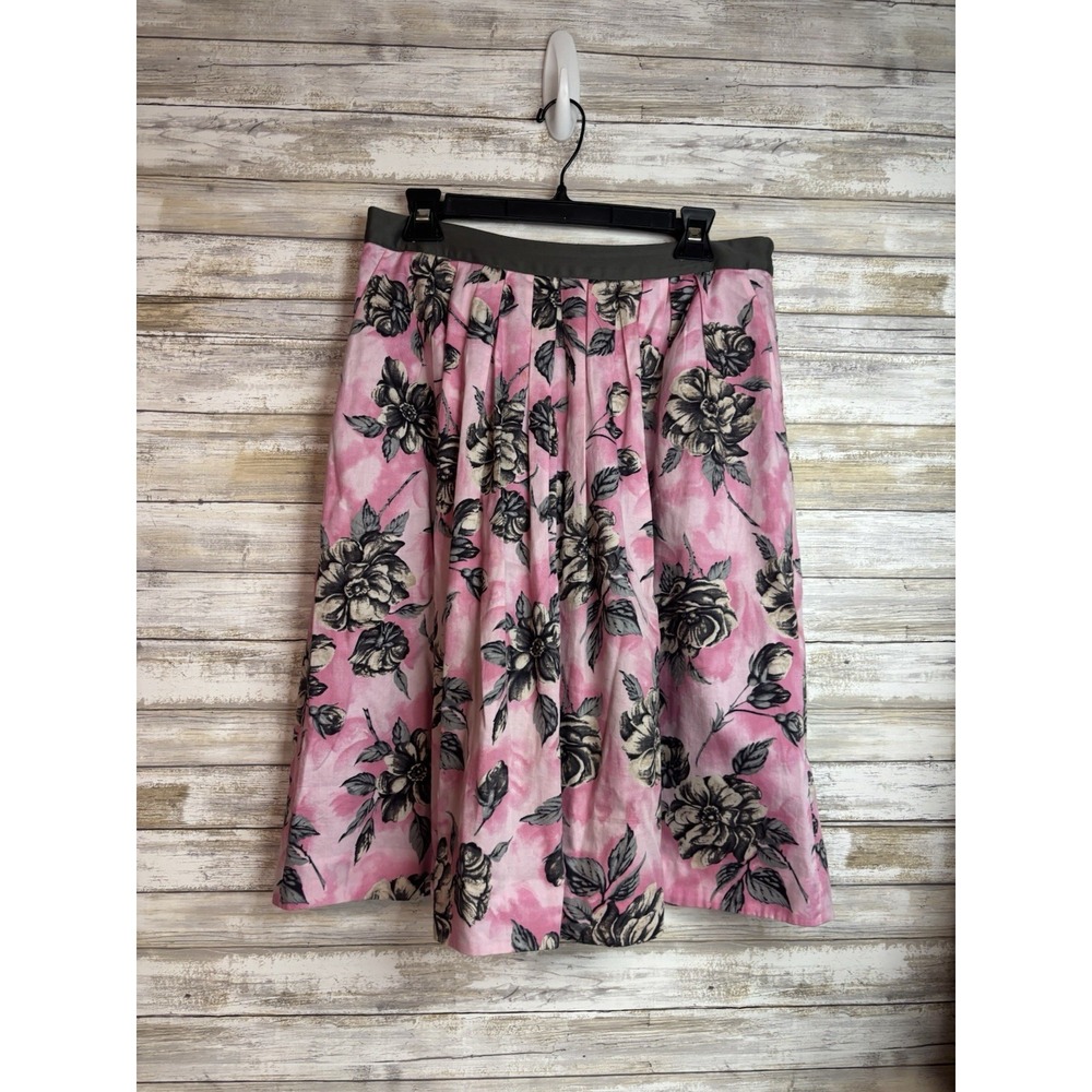 Anthropologie Odille Vintage Y2K Pink Floral A-Line Skirt Pleated Cotton Size 12